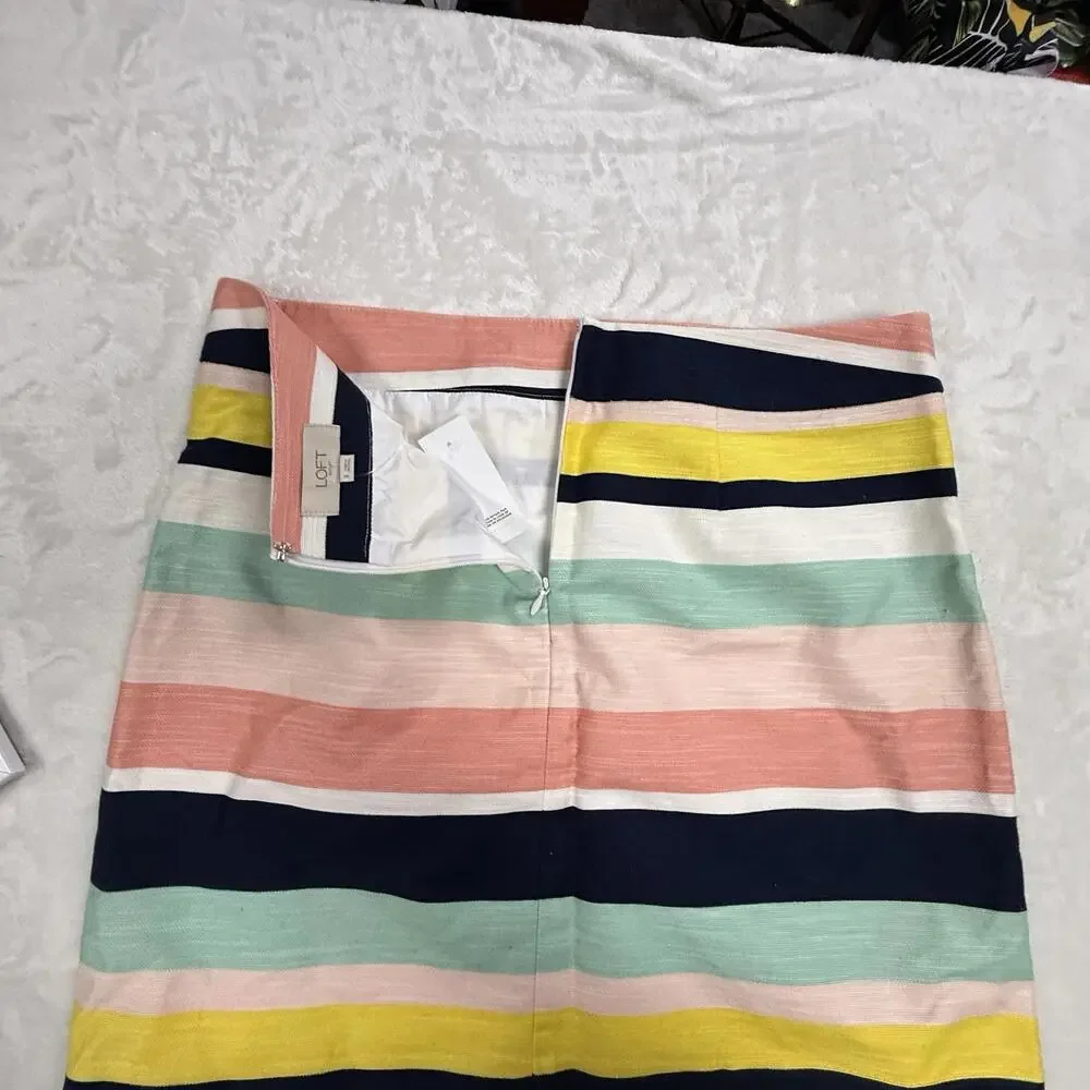 LOFT Cotton Blend Designer Multicolor Striped Knee Length‎ Pencil Skirt Size 8